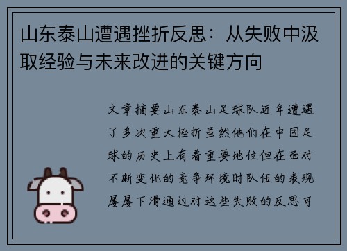 山东泰山遭遇挫折反思：从失败中汲取经验与未来改进的关键方向